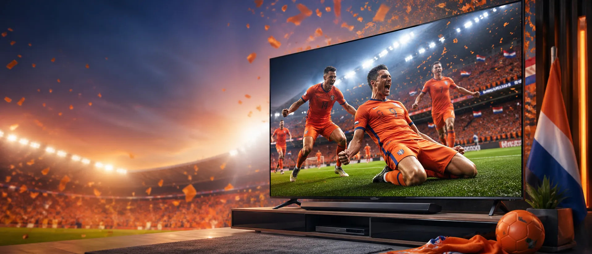 Gezin kijkt voetbal op een grote tv in de woonkamer
